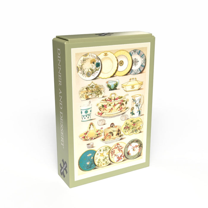 The Dinner and Dessert | 99 Piece Jigsaw Puzzle by Penny Puzzle features assorted vintage dinnerware and dessert plates, making it a charming collectible or minipuzzle gift.
