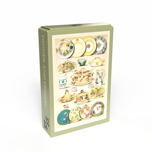 The Dinner and Dessert | 99 Piece Jigsaw Puzzle by Penny Puzzle features assorted vintage dinnerware and dessert plates, making it a charming collectible or minipuzzle gift.
