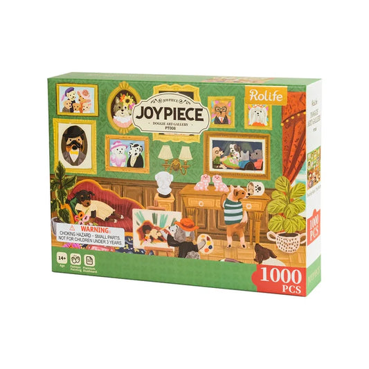 Robotime Doggie Art Gallery 1,000 Piece Jigsaw Puzzle features illustrated dogs in a colorful, framed gallery. Finished puzzle size included. Warning: small parts; not for children under 3. Recommended for ages 14+.