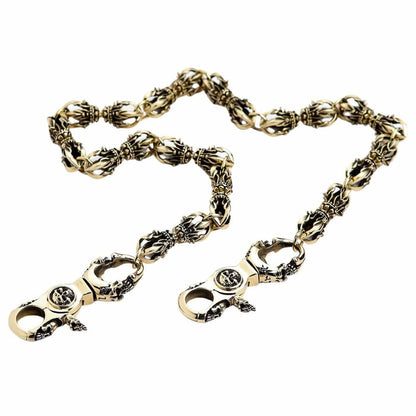 A premium biker wallet chain with unique, three-dimensional Dorje-shaped links and two ornate, heavy-duty clasps.
