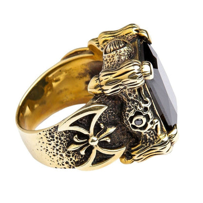 Dragon Symbolism Brass Ring with Black Onyx