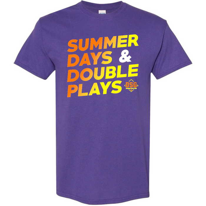 The DSG Apparel Summer Days T-Shirt (DSG-SDDP) features a purple, classic fit with bold yellow, orange, and white "SUMMER DAYS & DOUBLE PLAYS" text and a small DSG logo. Made from soft, pre-shrunk cotton for comfort.