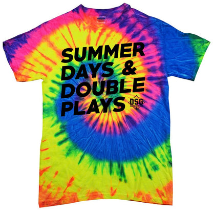 The DSG Apparel Summer Days T-Shirt (DSG-SDDP) features a vibrant blue, pink, yellow, and green spiral tie-dye, classic fit pre-shrunk cotton, bold black “SUMMER DAYS & DOUBLE PLAYS” text, and a small DSG logo beneath.