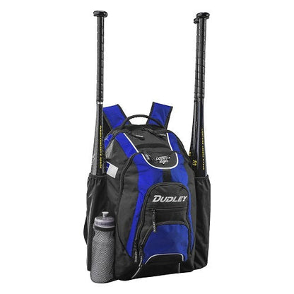 The Dudley Softball Bat Pack Backpack: 48-01 by Dudley features a blue and black design, front zipper pocket, two bat-holding side pockets (one fits a water bottle), and a ventilated compartment to keep your softball gear fresh.