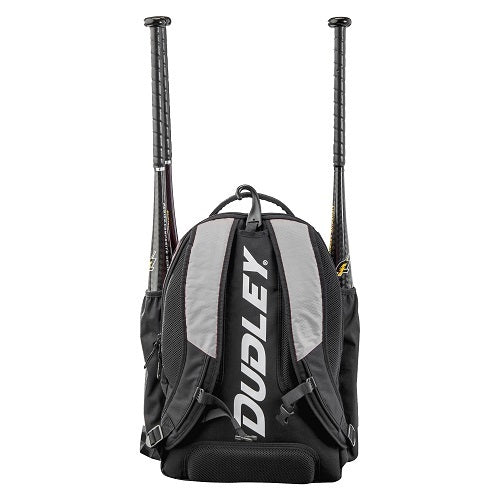 The Dudley Softball Bat Pack Backpack: 48-01 is a black and gray Dudley gear bag with the white Dudley logo, backpack straps, side bat pockets for two bats, and a ventilated compartment.