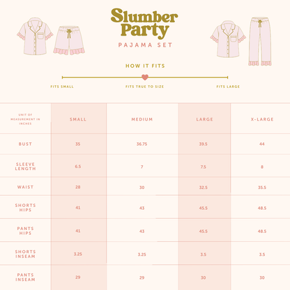Find the size chart for The Darling Effect’s Bouquet Beauty Sage Slumber Party Pajama Shorts Set, including bust, sleeve, waist, hips, and inseam measurements from Small to X-Large—all in ultra-soft fabric for cozy comfort.