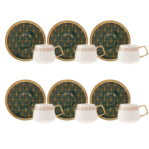 Ensemble de 12 Pièces Karaca Verde en Porcelaine – Tasses à Espresso Café Turc pour 6 Personnes, 100 ml, Multicolore