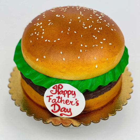 Father's Day Burger Cake with a "Happy Father's Day" sign