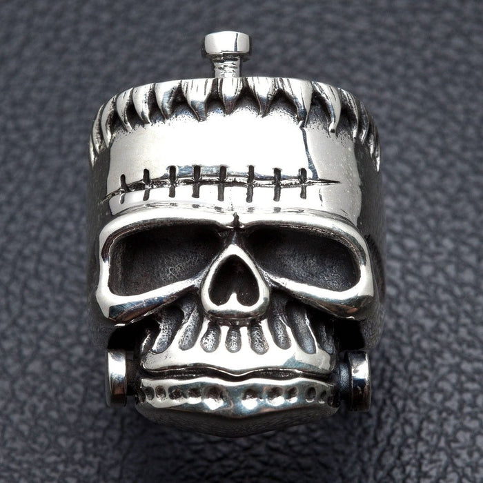 Front view of Frankenstein skull ring in 925 sterling silver with visible forehead stitches and bolt details