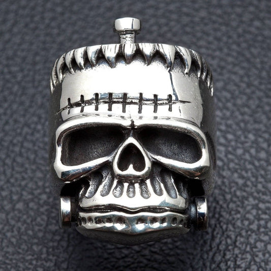 Front view of Frankenstein skull ring in 925 sterling silver with visible forehead stitches and bolt details