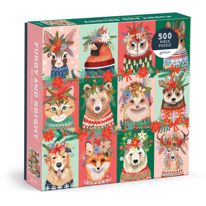 The Galison Furry and Bright 500 Piece Jigsaw Puzzle features illustrated animals in sweaters and floral crowns—including a cat, dog, bear, fox, and more—perfect for your next holiday puzzle night.