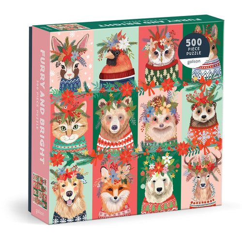 The Galison Furry and Bright 500 Piece Jigsaw Puzzle features illustrated animals in sweaters and floral crowns—including a cat, dog, bear, fox, and more—perfect for your next holiday puzzle night.