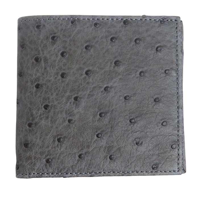 A bi-fold men's wallet made from genuine grey ostrich leather, shown partially open on a white background.
