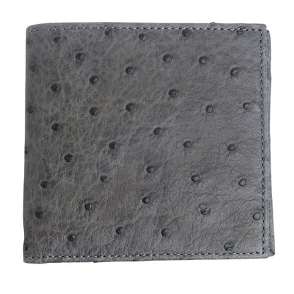 A bi-fold men's wallet made from genuine grey ostrich leather, shown partially open on a white background.