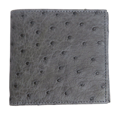 A bi-fold men's wallet made from genuine grey ostrich leather, shown partially open on a white background.