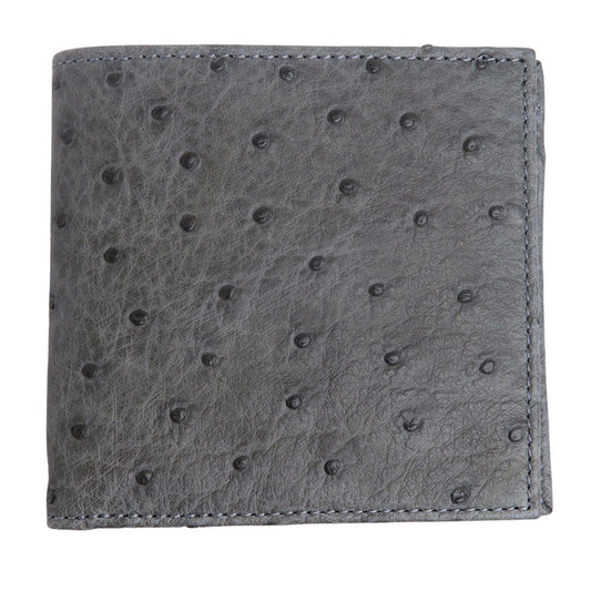 A bi-fold men's wallet made from genuine grey ostrich leather, shown partially open on a white background.
