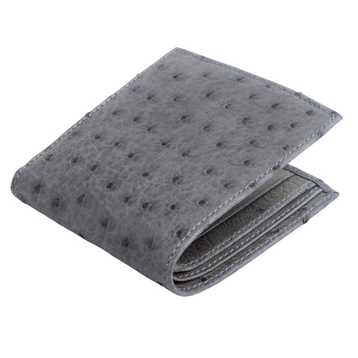 An angle view of the genuine ostrich skin wallet, highlighting the unique grey quill bump texture.