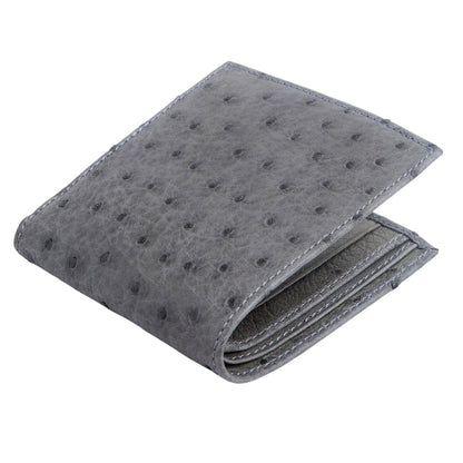 An angle view of the genuine ostrich skin wallet, highlighting the unique grey quill bump texture.
