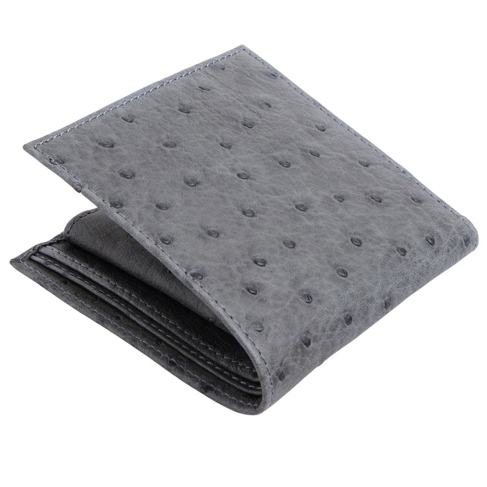 The handcrafted grey ostrich wallet shown closed and flat on a white background.
