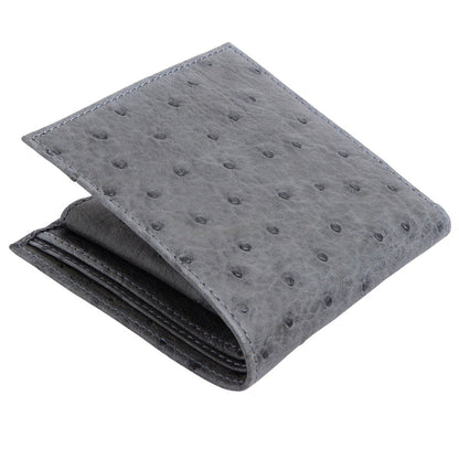 The handcrafted grey ostrich wallet shown closed and flat on a white background.