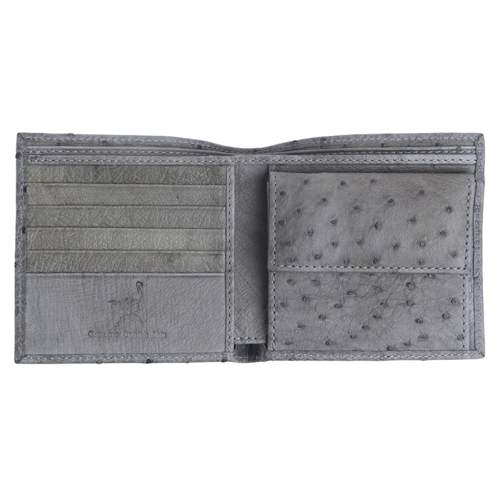 The men's exotic leather wallet fully open, displaying the card slots, bill compartments, and ostrich leather coin pocket.