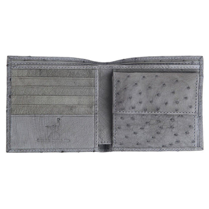 The men's exotic leather wallet fully open, displaying the card slots, bill compartments, and ostrich leather coin pocket.