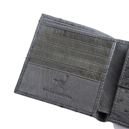 A view of the interior of the luxury ostrich leather wallet, showing the multiple card slots and the 'Genuine Ostrich Skin' stamp.