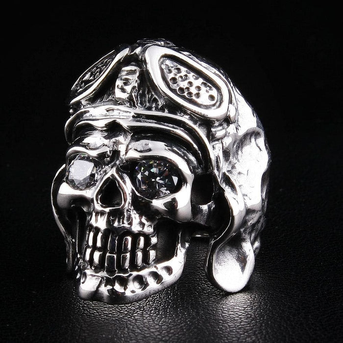 A premium vintage aviator helmet skull ring, a unique and powerful piece of handcrafted aviator jewelry.