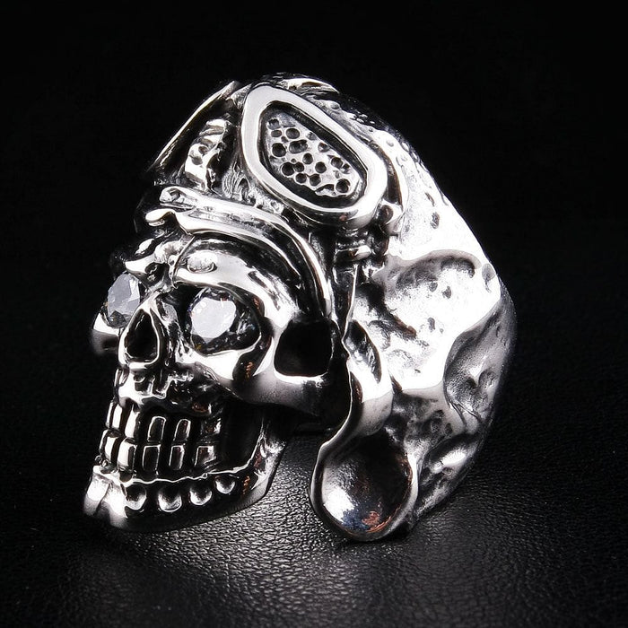 A massive WW2 pilot skull ring with brilliant diamond eyes, meticulously handcrafted from heavy sterling silver.