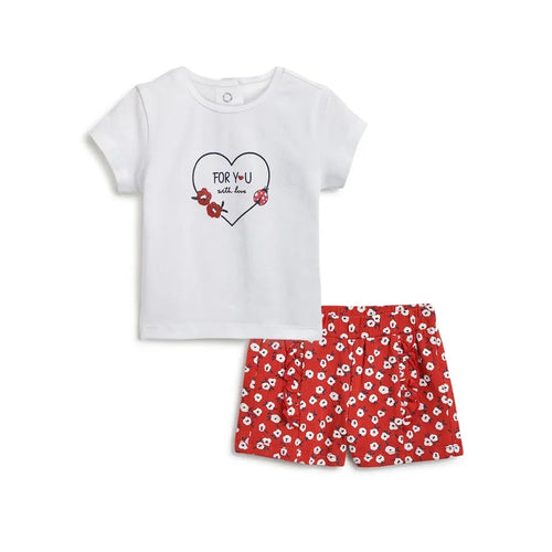 Girls White & Red Printed T-Shirt With Shorts