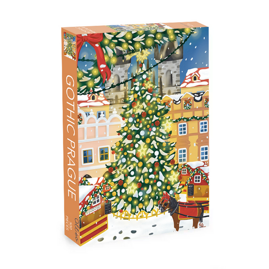 The Olleo Puzzles "Gothic Prague | 500 Piece Jigsaw Puzzle" showcases an illustrated Christmas tree, festive houses, a horse, and market stalls in a snowy town square.