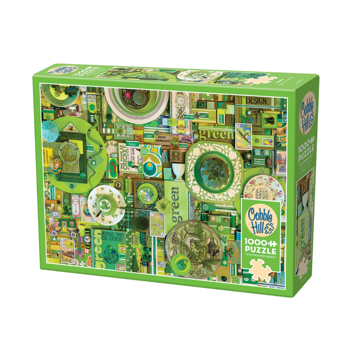 The Cobble Hill Green | 1,000 Piece Jigsaw Puzzle features a collage of green-themed objects and varied “green” text styles, crafted from recycled materials as part of the brand’s Rainbow series.