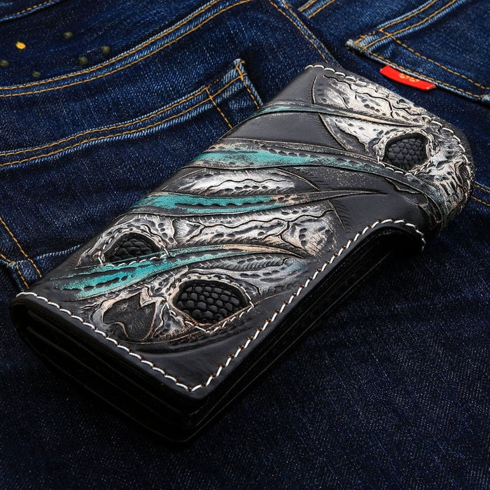 Spine view of black leather biker wallet with silver grommet attachment