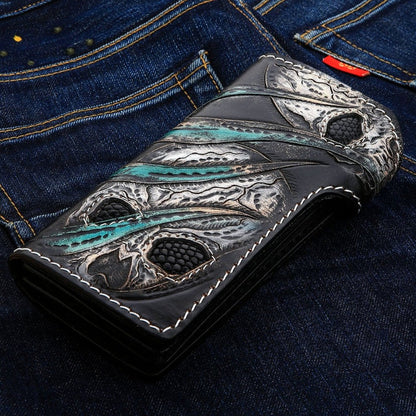 Spine view of black leather biker wallet with silver grommet attachment