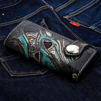 Full exterior view of biker wallet featuring green devil skull and flame inlay