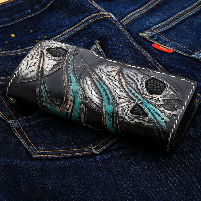 Detailed back view of full-grain cowhide wallet with gothic carving