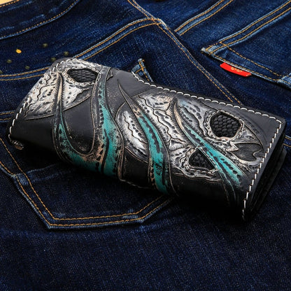 Detailed back view of full-grain cowhide wallet with gothic carving