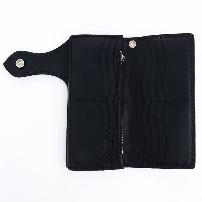 Open view showing 10 card slots and zipper pocket of the leather wallet
