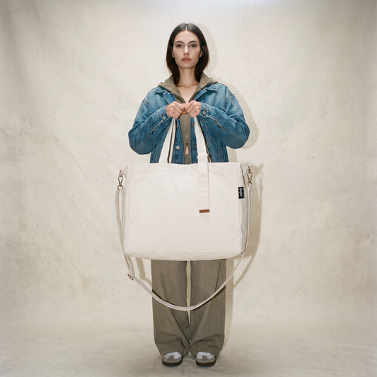 A model stands against a textured beige wall holding a large off-white canvas tote bag with a long shoulder strap and a small black brand tag on the side.