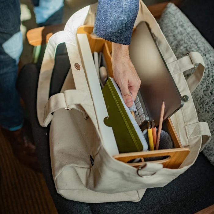 Gustav Tote Bag – flat lay with desk accessories
