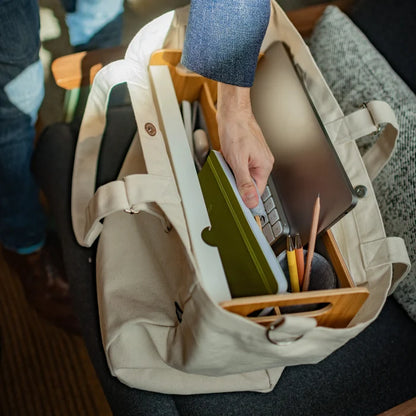 Gustav Tote Bag – flat lay with desk accessories