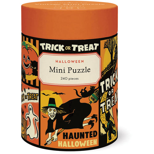 The Cavallini & Co. Halloween | 240 Piece Jigsaw Puzzle comes in a cylindrical container with vintage-style Halloween illustrations and includes a biodegradable storage bag.