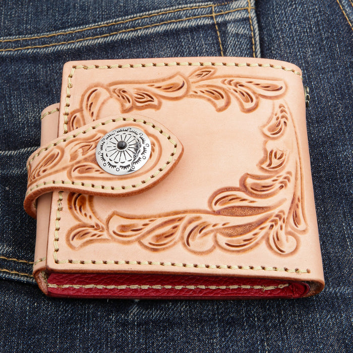 Natural veg-tan hand-carved leather biker wallet, front closed, with silver concho and black onyx stone