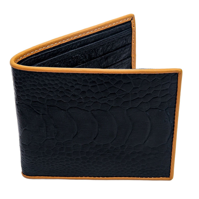 An angled view of the luxury ostrich leg skin wallet on a white background.