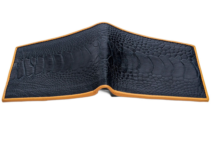 A flat, open view of the handmade ostrich bifold wallet, displaying all 12 card slots.
