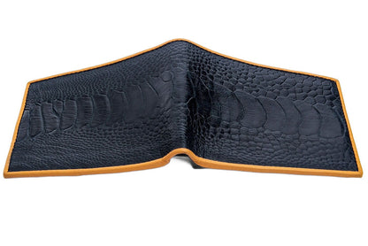 A flat, open view of the handmade ostrich bifold wallet, displaying all 12 card slots.