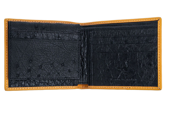 The open interior of the black ostrich leather wallet, showing the quill pattern and multiple card slots.