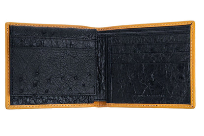 The open interior of the black ostrich leather wallet, showing the quill pattern and multiple card slots.