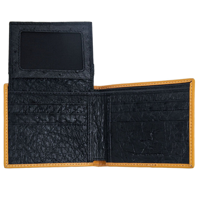 The black ostrich wallet with the flap lifted to show the clear ID window.
