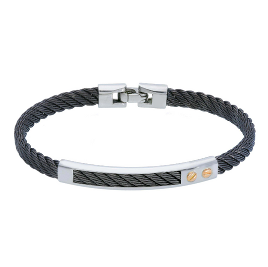 Herrenarmband Edelstahl + 750/18K Gold/Gummi/Baumwolle Schwarz - 252239